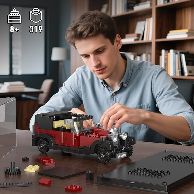 Mould King 27101 Vintage Car Building Sets 319+ Pcs MOC Racing Car Building Kit with Display Case Collectible Vehicle Model Building Blocks Toy for Boys/Teens/Adult