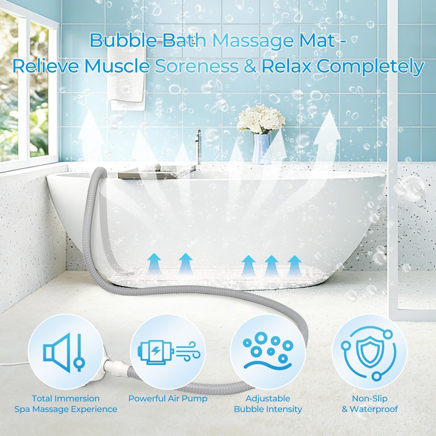 Portable Spa Bubble Bath Mat, Bathtub Massager Mat with Waterproof and Non-Slip Functions, Multi-Intensity Remote, Electric Air Pump, Strong Suction Cups, Full-Body Bubble Spa Experience at Home.