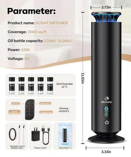 Waterless Scent Diffuser Kit,Scent Diffuser with 7 Lights and Breathing Lights Modes,Max Coverage 2000 sq.ft.Home,Offices,Hotels and Spas Aromatherapy Diffuser Included 5 Scent Oils Remote Control