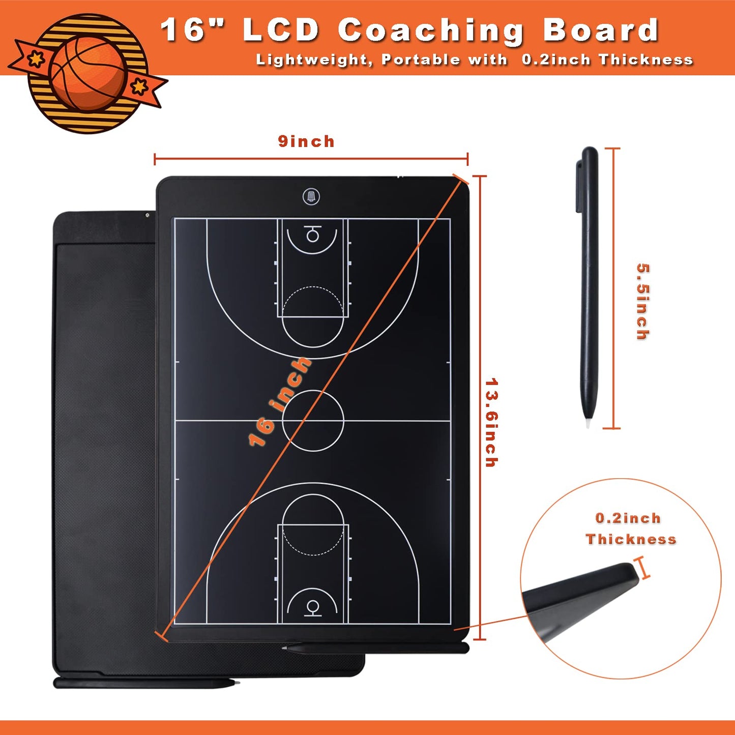 Augctoer 16'' LCD Screen Tactical Coaching Marker Board, Electronic Board with Stylus Pen,with Lock Function,for Coach Basketball Soccer (Basketball Coach Board)