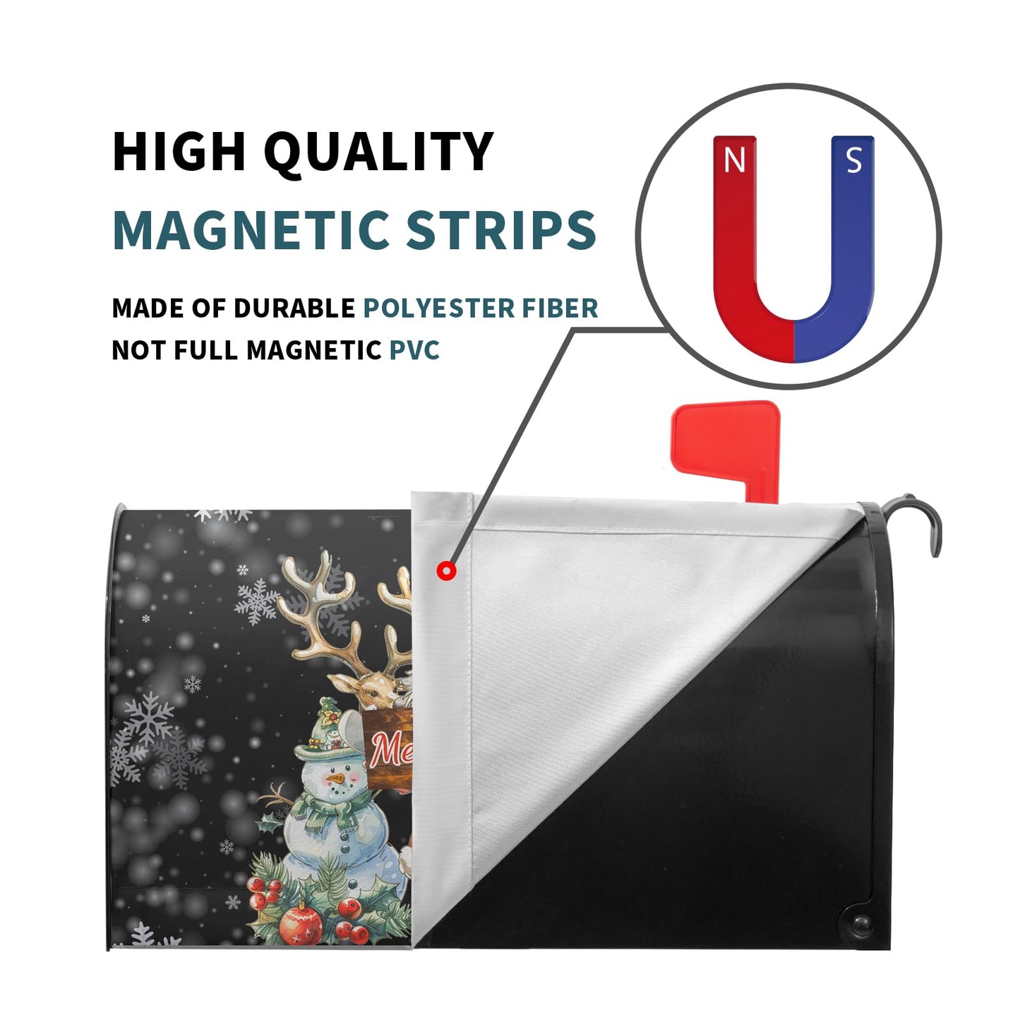 Merry Christmas Mailbox Cover Magnetic Snowman Santa Claus Reindeer Decorative Letter Post Box Cover Large Size 25.5x21 Inch Happy Holiday Xmas Black Post Wraps for Home Outdoor Garden Yard Decor