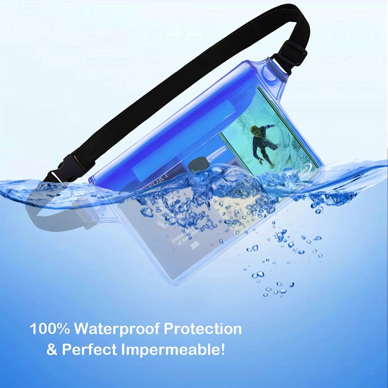 AiRunTech Waterproof Pouch with Waist Strap (2 Pack) | Beach Accessories Best Way to Keep Your Phone and Valuables Safe and Dry | Perfect for Boating Swimming Snorkeling Kayaking Beach Pool(Grey+Blue)