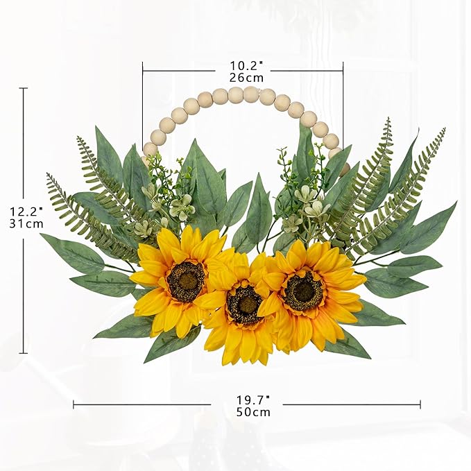 Spring Wreaths for Front Door 10" Artificial Floral Wood Bead Wreaths Eucalyptus Leaves Sunflower Wreaths for Front Door Boho Farmhouse Wall Decor 2 Pack