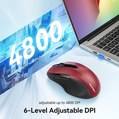 TECKNET Rechargeable Jiggler Wireless Mouse (BT5.0/3.0 & 2.4G) 4800 DPI Silent USB A & Bluetooth Mouse 6 Buttons, Wide Compatibility - Black