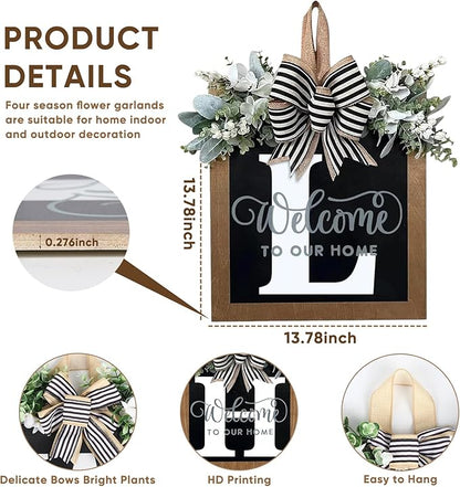 Ultra Large 14'' Last Name All Year Round Front Door Wreath with 26 Initial Letter Welcome Sign All Seasons Eucalyptus Garland and Bow Wreaths for Front Door Porch Farmhouse Decoration (L)