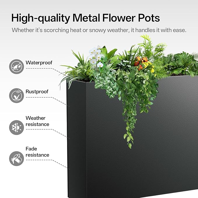 Metal Planter Box 38" x 10"x 30",Heavy-duty Galvanized Steel Outdoor Planter with Removable Built-in shelf and Drainage Holes,Rectangular Planter for Porches, Gardens, Patios, and Courtyards，Black