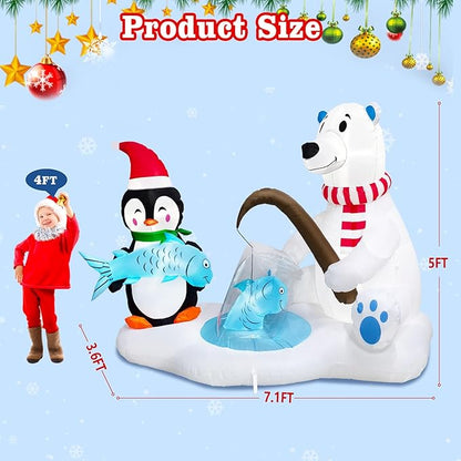 7.1FT Christmas Inflatable Polar Bear & Penguin Fishing Decoration, Christmas Blow Up Penguin Wear Scarf & Santa Hat and Polar Bear Inflatable Built-in 5 LED for Christmas Inflatables Outdoor