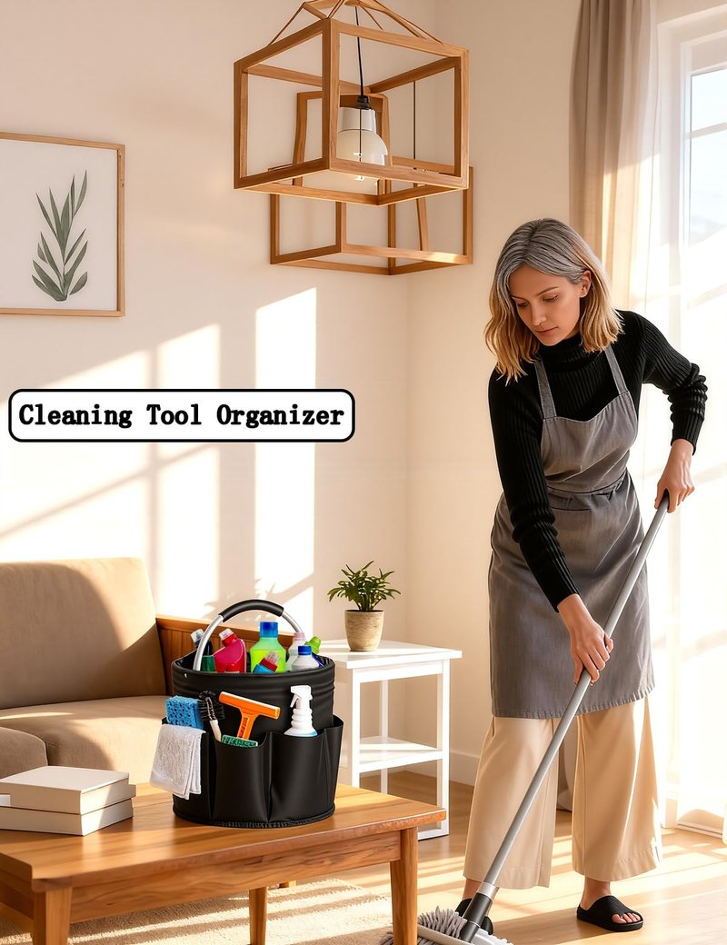 CIHTL Cleaning Caddy with Handle, Cleaning Products Organiser, Foldable Storage Basket, Large Supply Organiser 17L with 6 Pockets, Portable Cleaning Caddy for Home & Garden (Black)