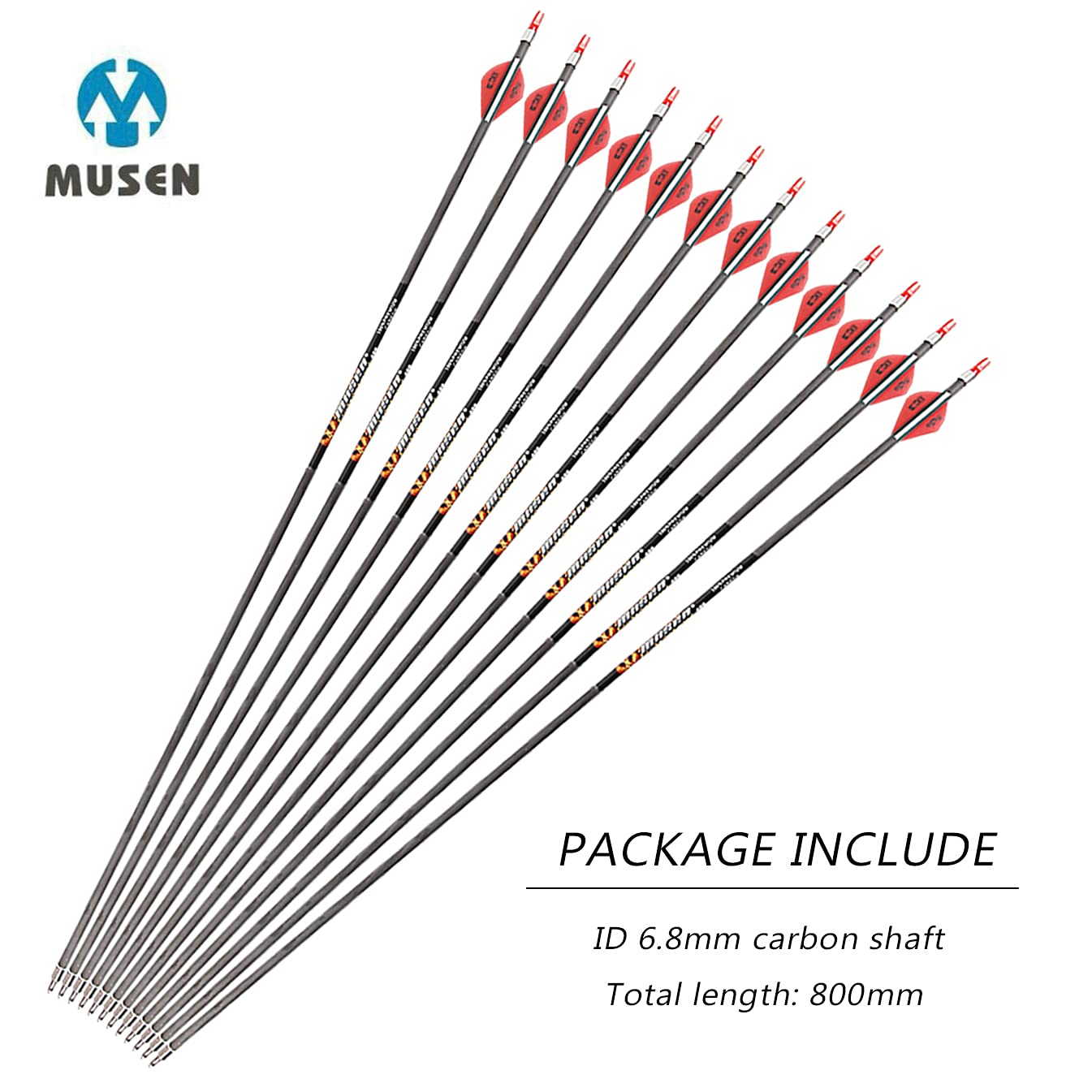 Musen Pure Carbon 30 inch Arrows Hunting Arrows for Recurve Bow,100% Carbon Archery Target Arrows with Removable Tips for Youth Hunters & Bowhunters (Pack of 12) (SP400)
