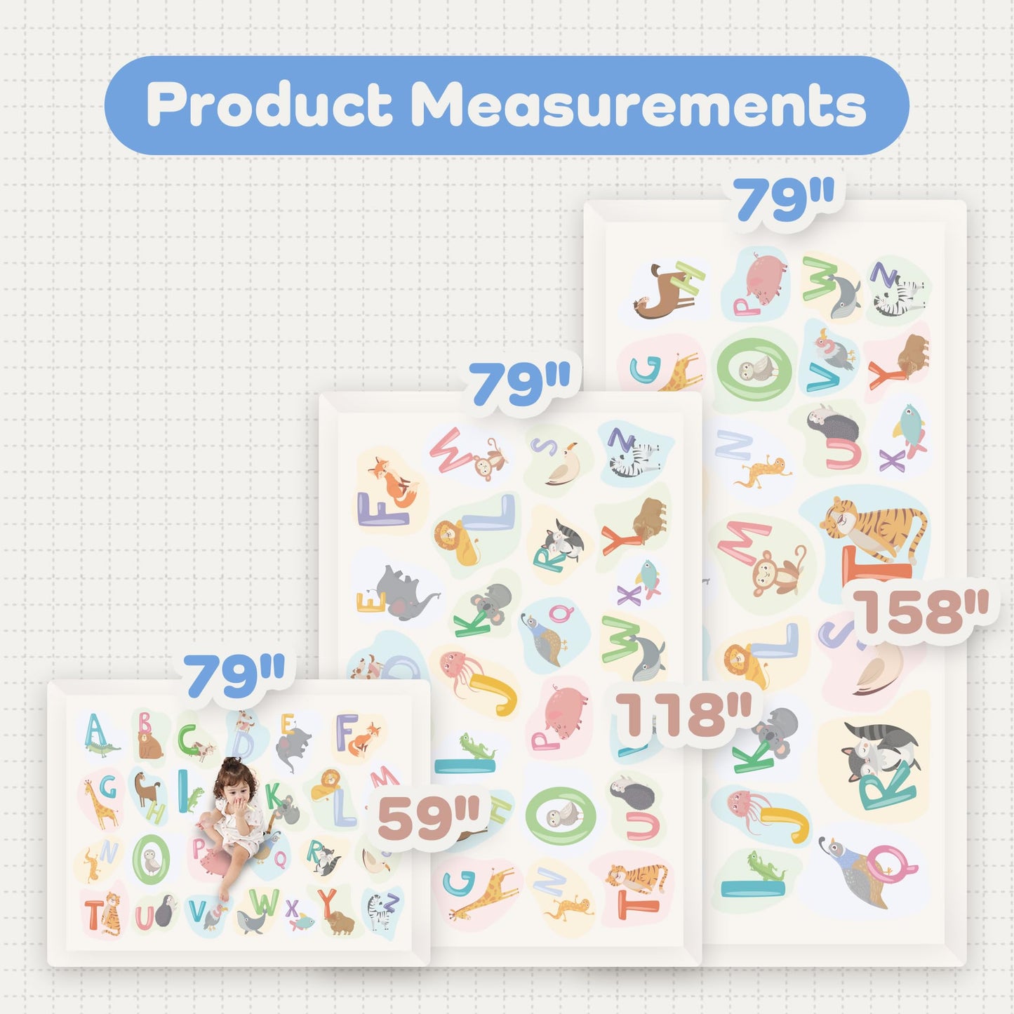 PaPaMat 1.3" Thick Educational Baby Floor Play Mat 79x158, Basic Padded Memory Foam Kids Mat, Extra Large Non-Slip Plush Playmat for Nursery Playroom Classroom (ABC Animal)