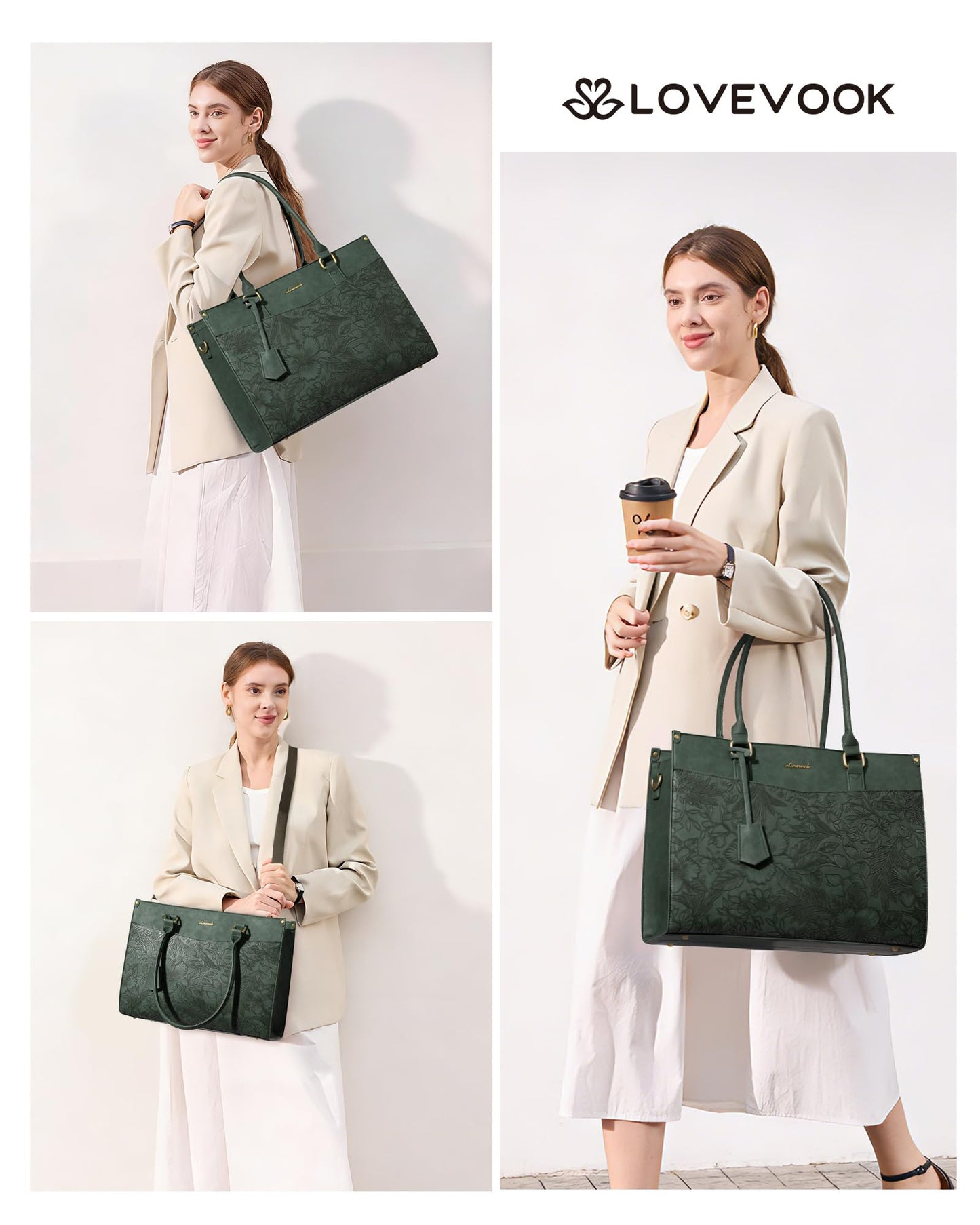 LOVEVOOK Vintage Laptop Tote for Women 15.6 inch, 2-in-1 Leather Structured Briefcase with compartments and Clutch, Large Capacity Waterproof Multi Pocket Tote Bag, Green