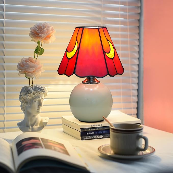 Mushroom Lamp Tiffany Stained Glass Moon lamp Cute Small Bedside Table Lamps for Living Room Home Decor,Girls Women Birthday Christmas Thanksgiving Day Gift,Red