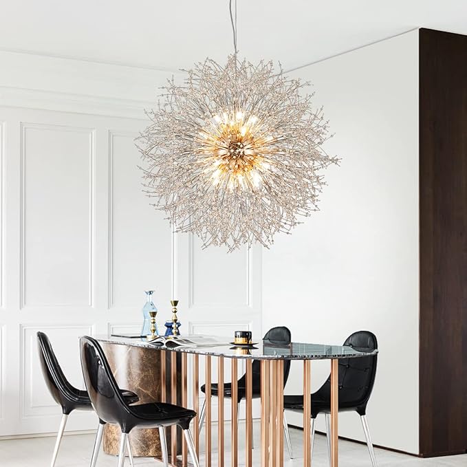 Large Dandelion Crystal Chandeliers, 24-Light Crystal Firework Pendant Lighting, 120W Gold Sputnik Hanging Chandelier Light Fixtures for Living Room Hallway