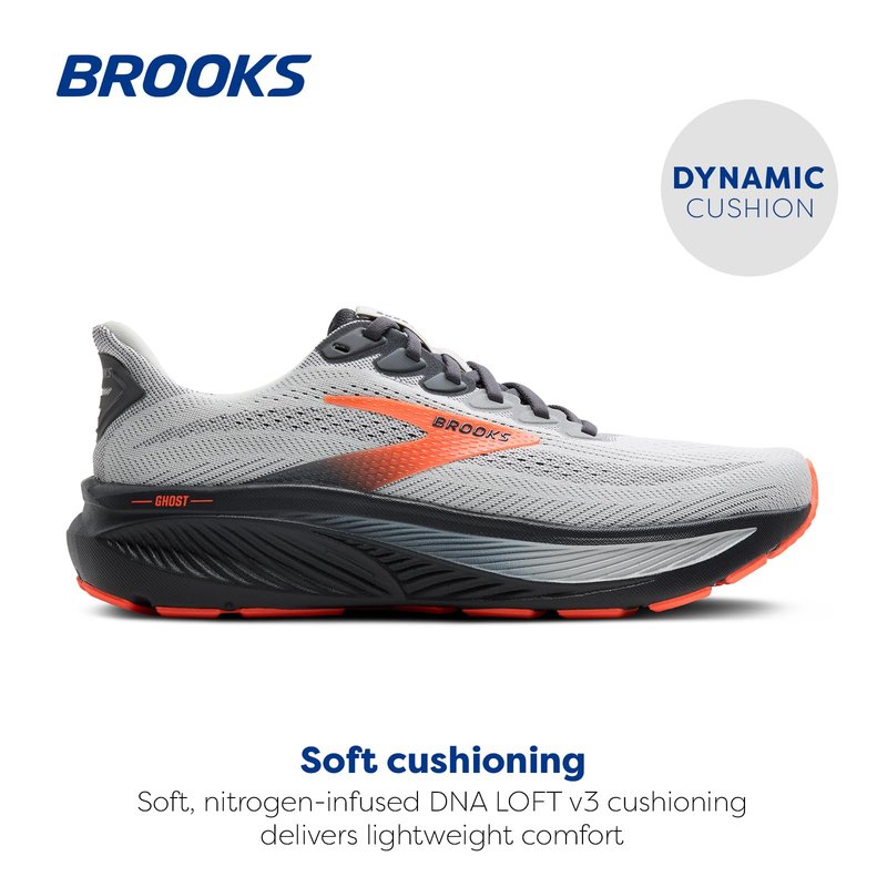 Brooks Men’s Ghost 17 Neutral Running Shoe - Oyster Mushroom/Orange/Ebony - 12.5 X-Wide