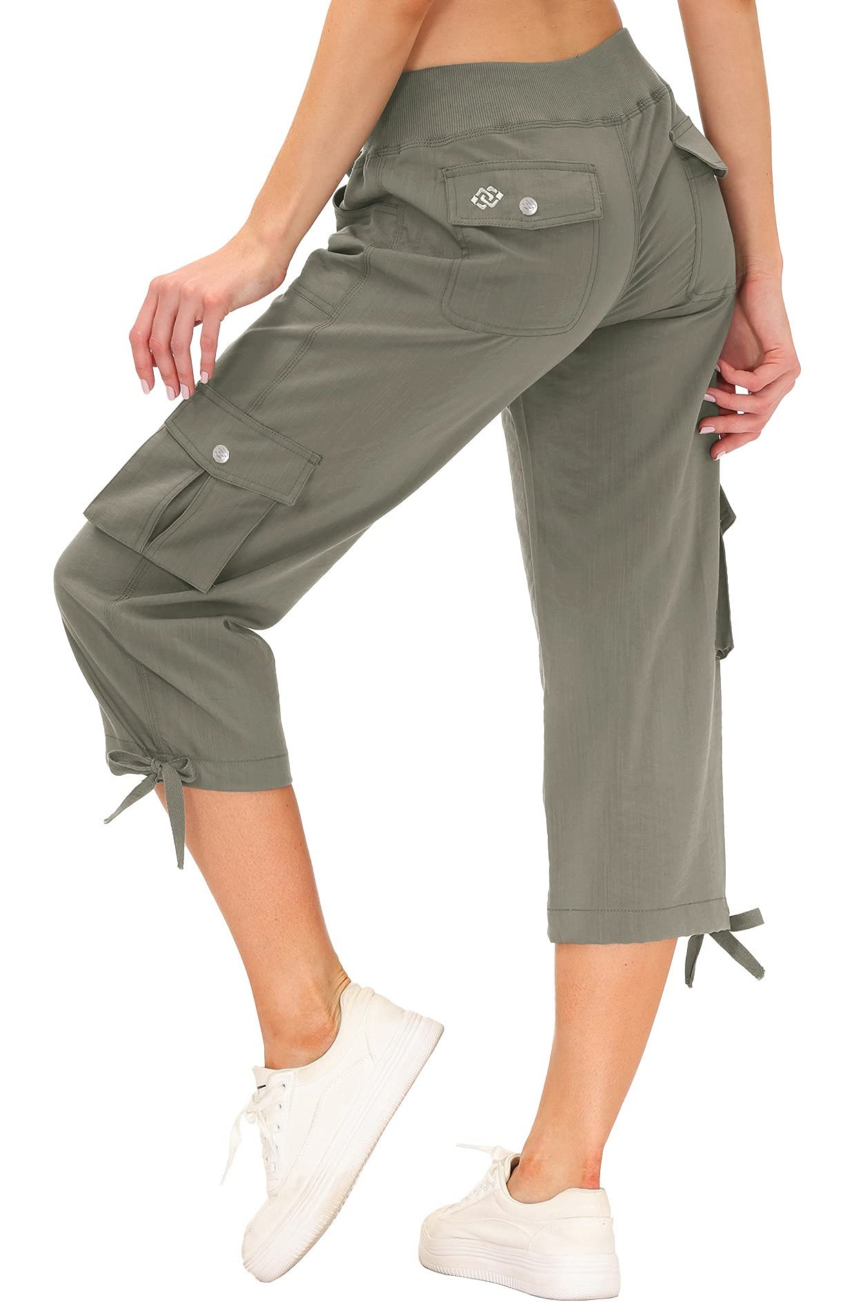 MoFiz Women's Cargo Hiking Pants Lightweight Quick Dry Running Capri Pants Athletic Workout Casual Outdoor Button Pockets Grey Khaki XL