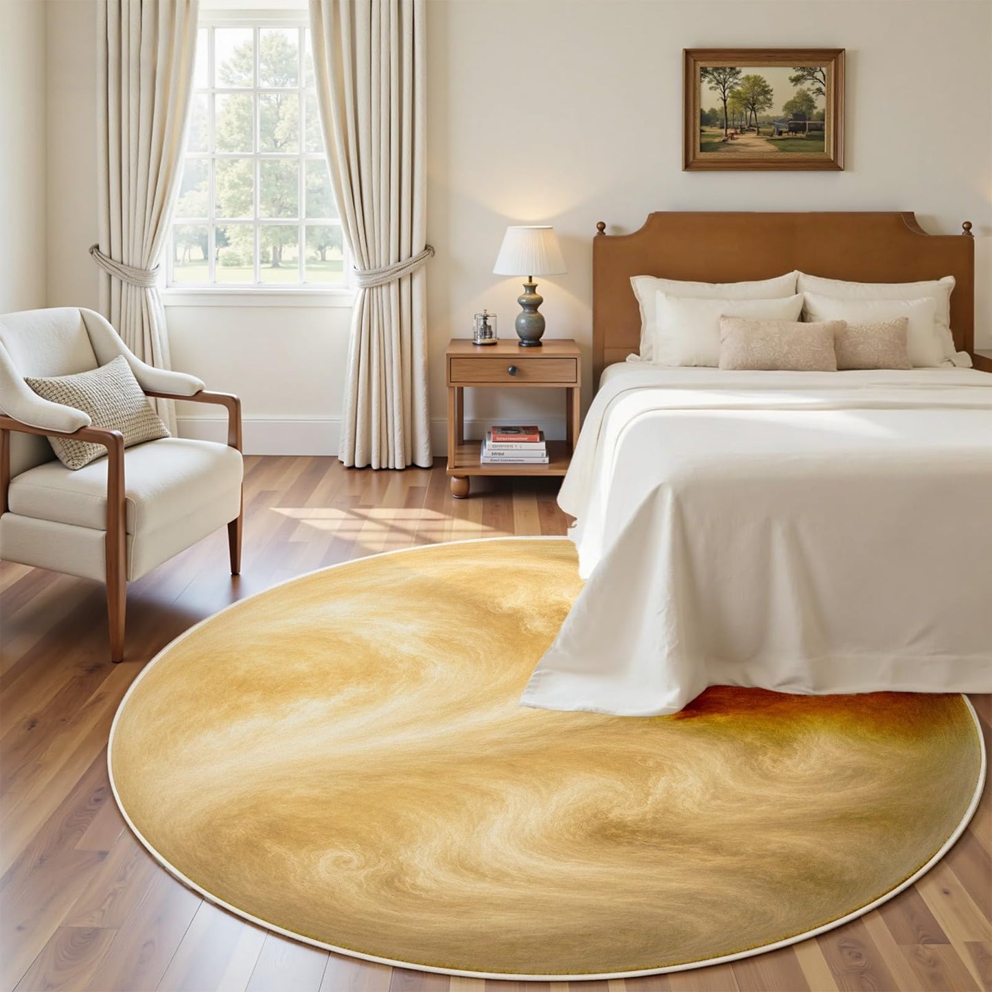 Venus Astronomy Round Carpet 3Ft, Golden Planet Solar System Circle Area Rug, Washable Non Slip Low Pile Space Floor Mat for Bedroom Living Room Dining Room Home Office Decor