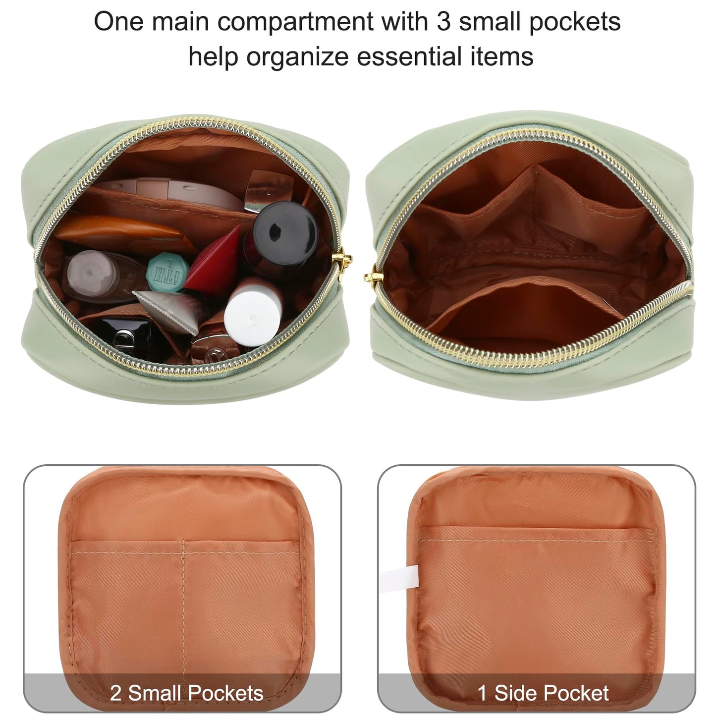 JINSI Small Makeup Bag for Purse,PU Leather Cute Travel Cosmetic Pouch Mini Make Up Bag for Organizer Toiletry Case for Women Girls with Interior Pockets and Zipper (Green)