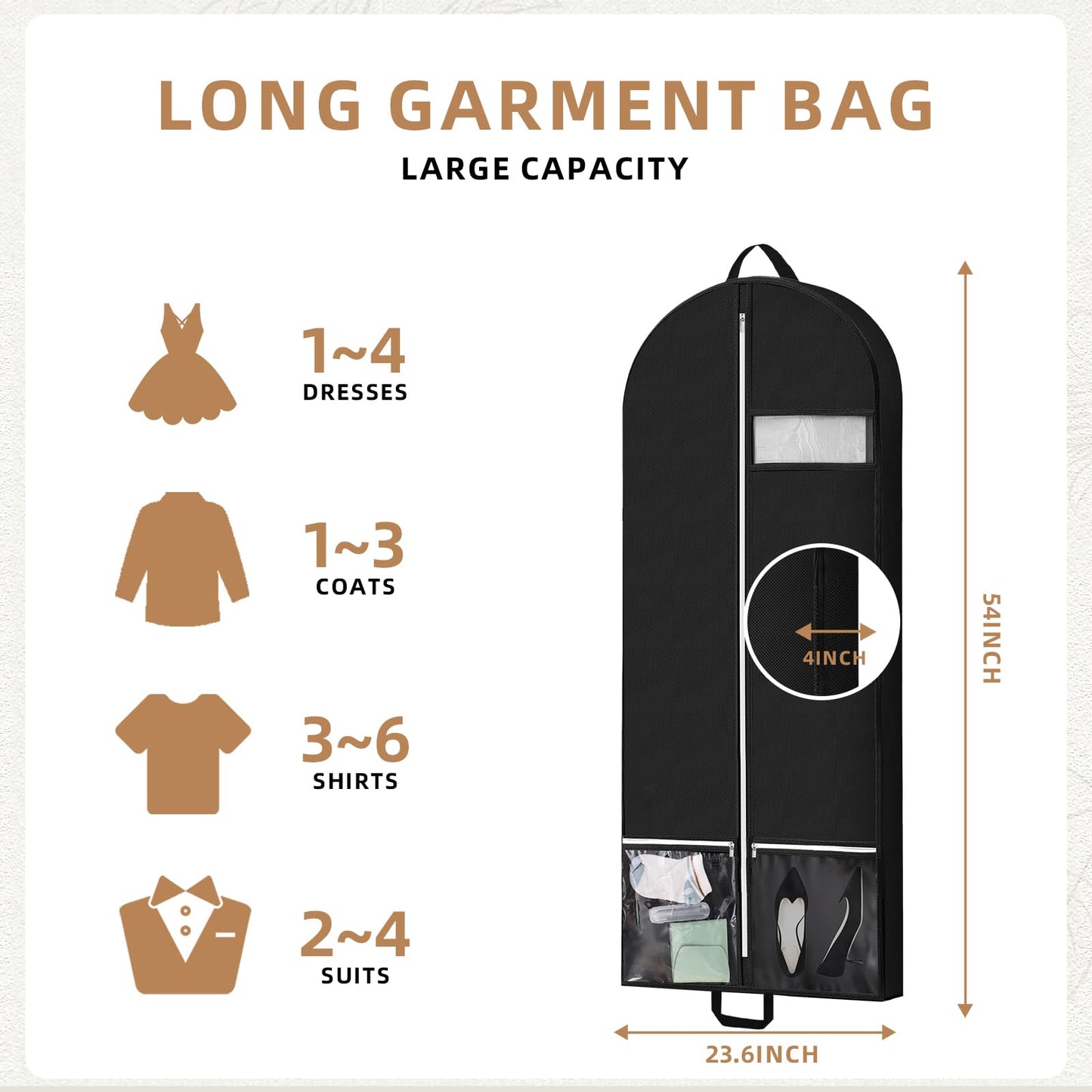 54" Garment Bags for Travel and Storage, Travel Suit Bags for Men Women with 2 Clear Pockets, Storage bags for Clothes, Suits, Dress, Shirts, Coats 2pcs Black