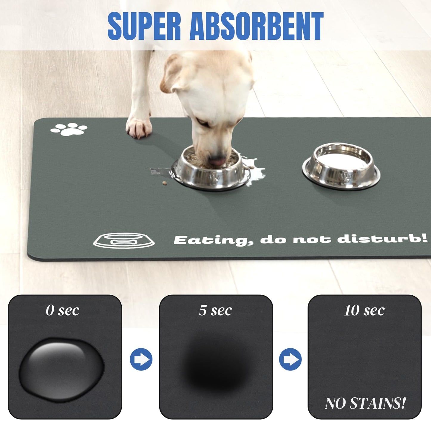 Plentio Extra Large Pet Food Mat, 36" x 24", Absorbent Dog Mat for Food and Water, Non-Slip Feeding Tray for Cat and Dog Bowls, Floor Protector for Spills, Gray