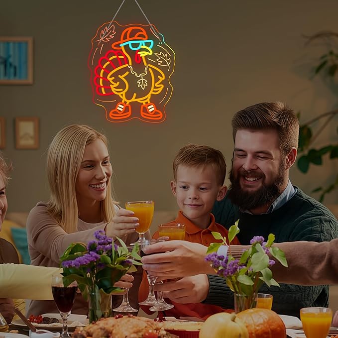 Thanksgiving Turkey Neon Sign Indoor Cool Light Sign Dimmable Turkey LED Light Up Fall Neon Decor for Dining Room Music Classroom Thanksgiving Christmas Party Gift