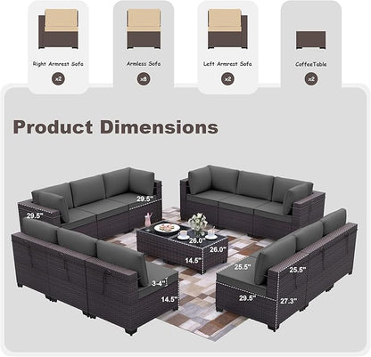 Kurapika 14 Pieces Patio Furniture Set, Rattan Wicker Outdoor Conversation Sets w/4 Inch Cushion and Glass Coffee Table(Grey)
