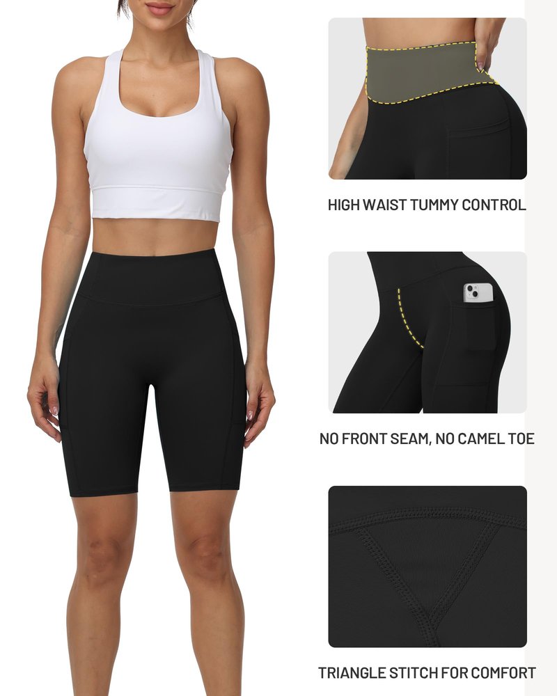 Moozava 8 Inch Workout Shorts Women High Waisted Tummy Control Athletic Compression Biker Shorts Women with Pockets Gym Yoga Running Volleyball Black 2XL