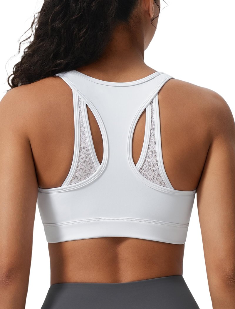 Yvette Zip Front High Impact Sports Bras for Women Lace Mesh Supportive Bras for Workout, White, M