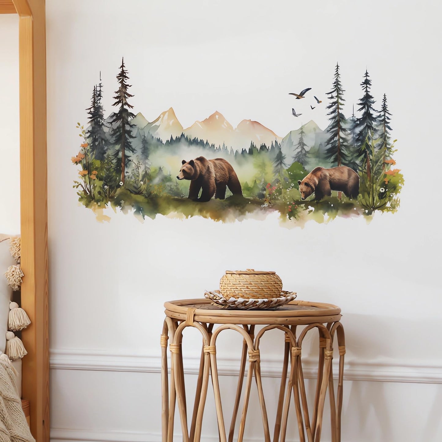 Brown Bear Dream Forest Wall Stickers, sacinora Cartoon Wild Jungle Animal Wall Decals Removable Vinyl Peel and Stick for Living Room Bedroom Nursery Sofa TV Background Art Home Decorations