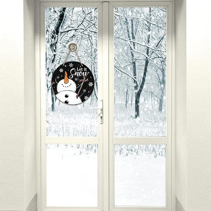 Deroro Winter Snowman Sign for Front Door Decor, Black Let It Snow Welcome Farmhouse Wood Door Hanger for Outdoor Outside Porch, Rustic Christmas Snowflakes Wooden Wreath Wall Hanging Decoration
