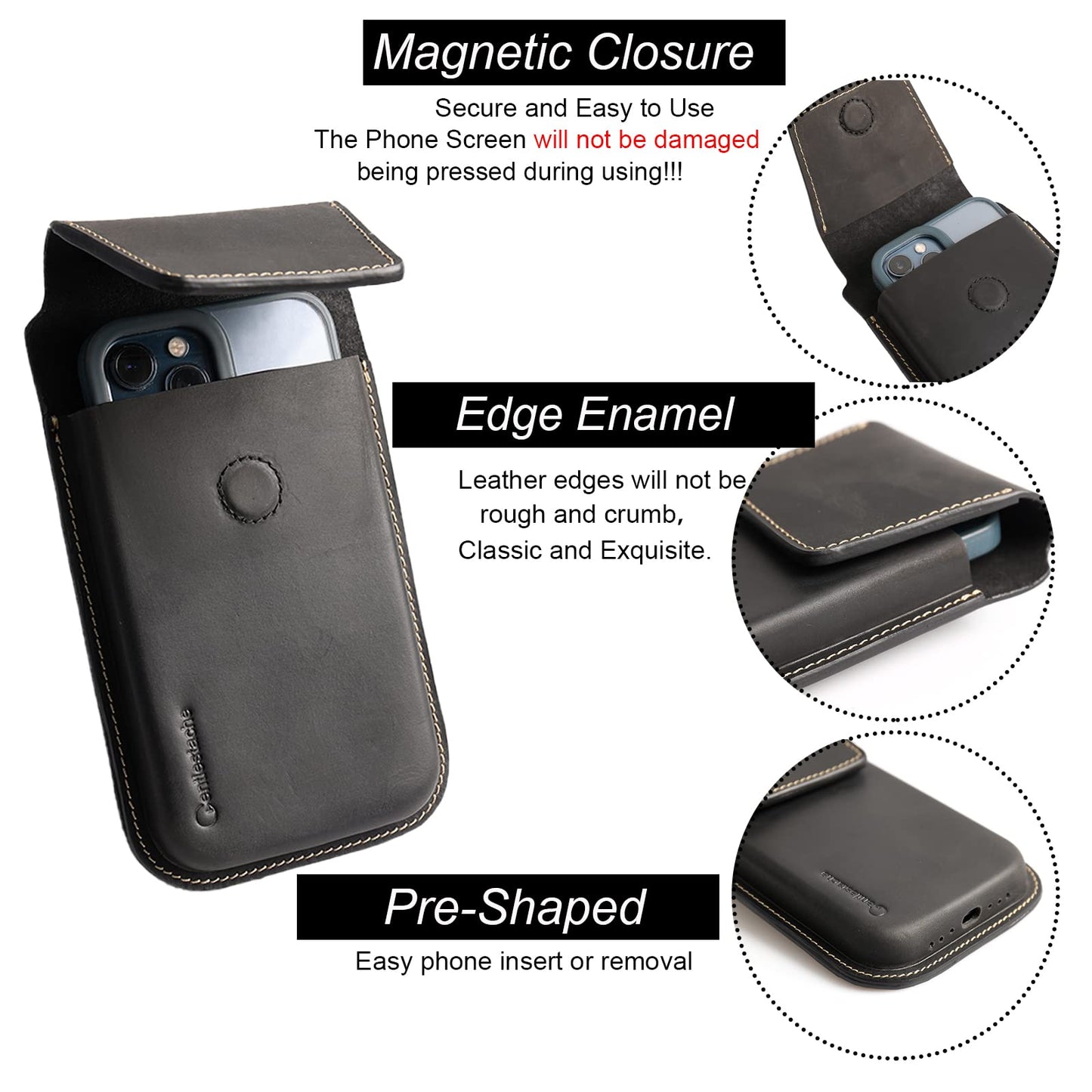 Gentlestache Leather Phone Holster for S25 S24 Ultra & Plus - Phone Holster Belt Case for iPhone 17 16 15 14 Pro Max & Plus - Magnetic Closure Belt Clip Leather Holder Pouch, XL, Black