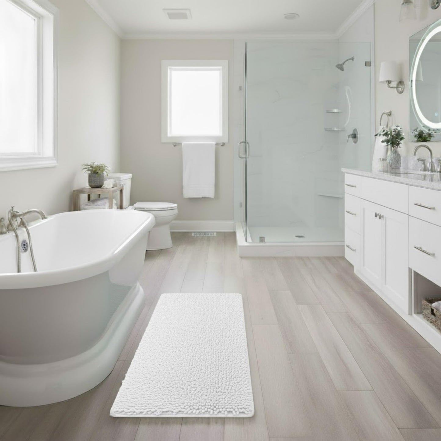 Bath Mat - 58x24-Inch Bathroom Runner with Non-Slip Backing - Absorbent High-Pile Chenille Memory Foam Bathroom Rug by Lavish Home (White)