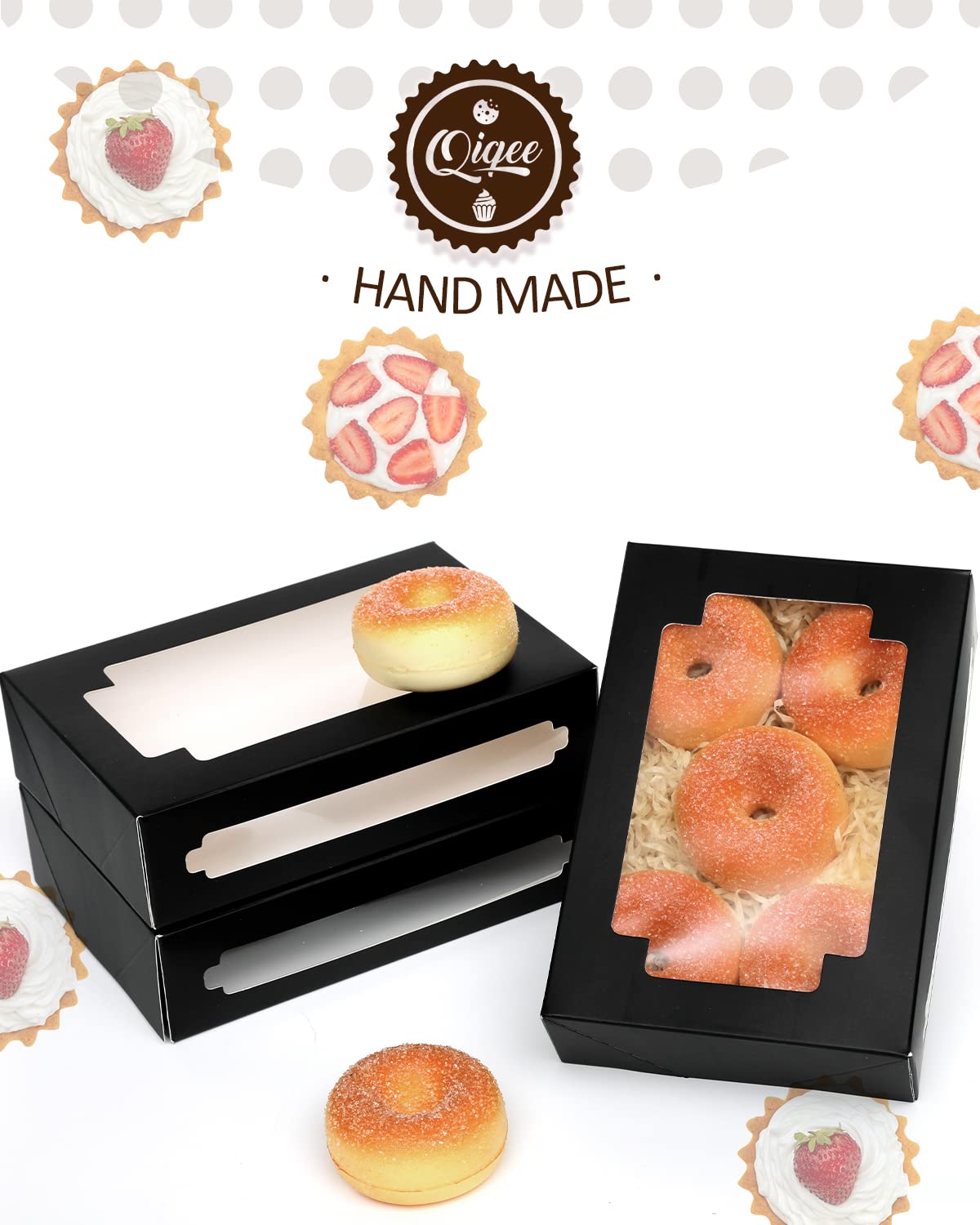 qiqee 36Packs Auto-pop Black Cookie Boxes for Gift Giving 8x5.3x2 inch Black One Second Fold Bakery Box with Window Treat Box for Donuts Candies and Biscuit