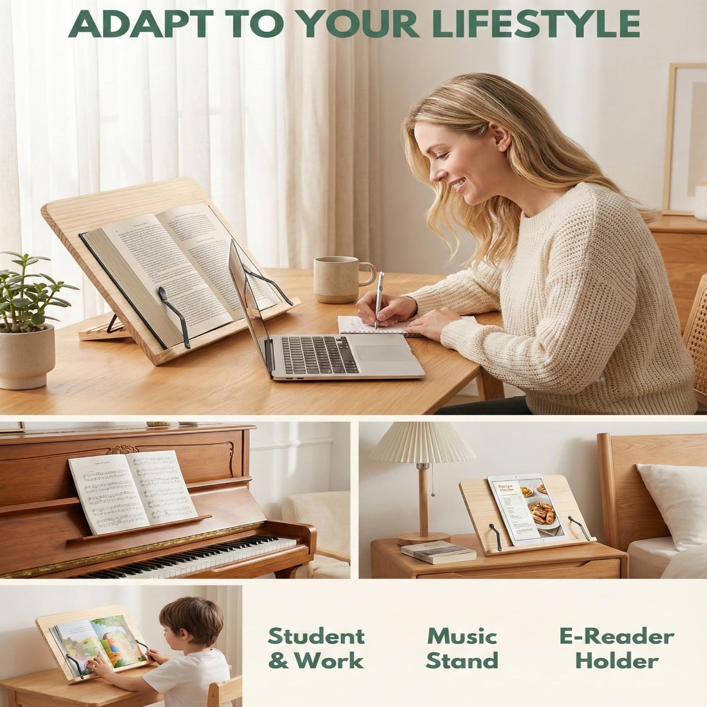 Reading Rack Wooden Bookshelf - Book Stand Foldable with 8 Adjustable Positions and Page Clips,Suitable for cookbooks、iPads、laptops、Sheet Music、and Reading Stands (11x7.9inch)