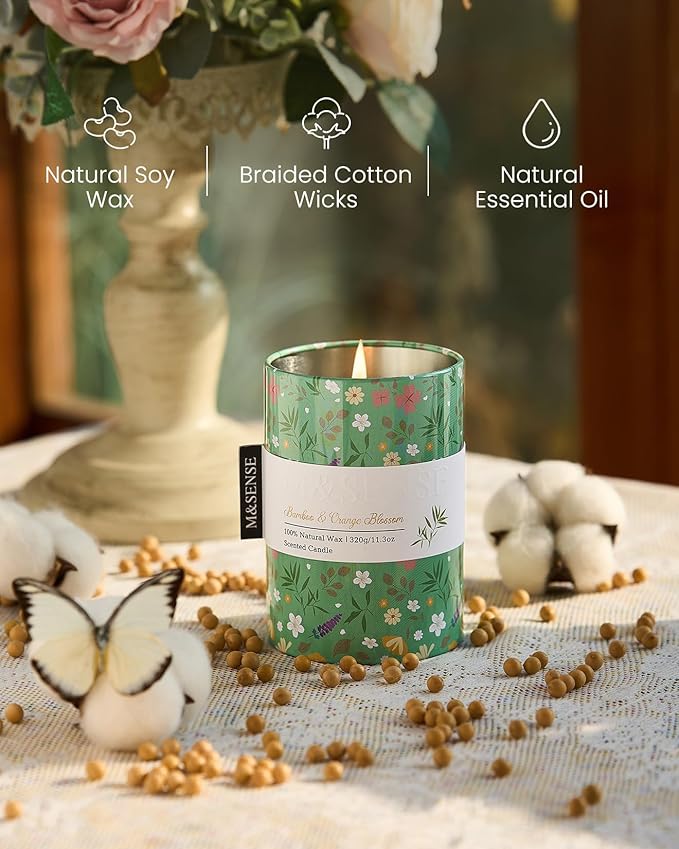 M&SENSE Bamboo Orange Blossom Scented Candle, Medium Jar Candle 11.3oz Natural Soy Wax for Home Scented, Floral Candles Gift for Spring Holiday, Up to 70 Hours Burning Long-Lasting Fragrance