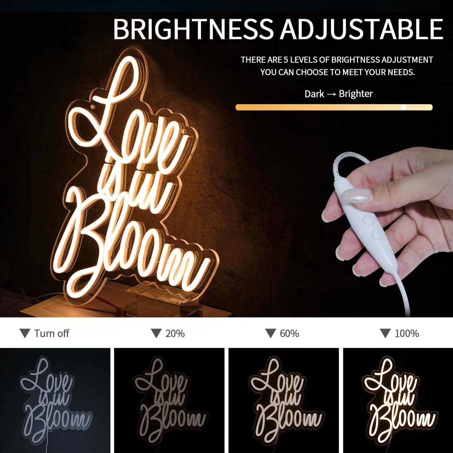 Virlusy Love is in Bloom Neon Sign for Wall Decor Dimmable Led Lights Signs Letters Signs for Bridal Shower Warm White Neon Light Room Decor for Wedding Engagement Christmas Party Gift 12.8*15.16 in