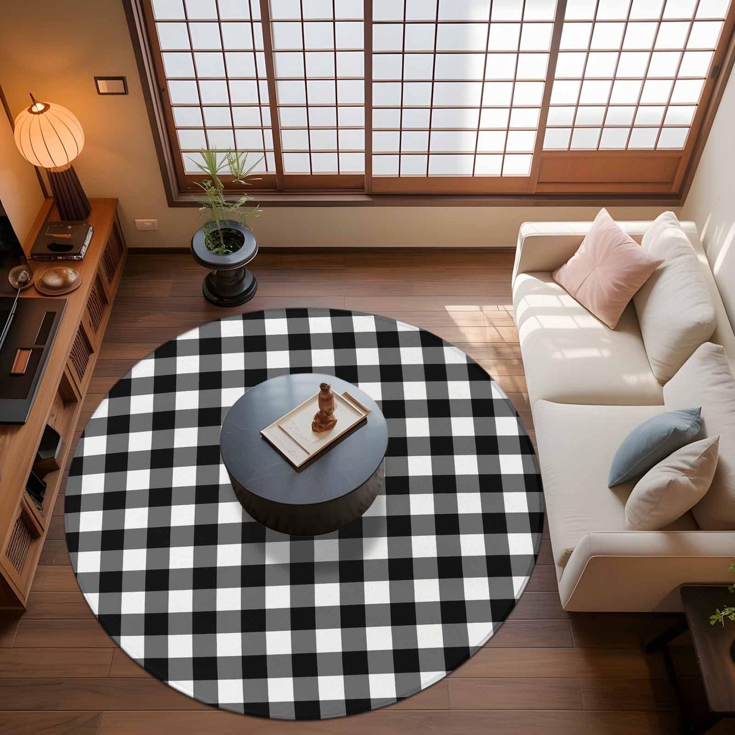 Black White Plaid Round Area Rug 4 FT, Non Slip Indoor Outdoor Rug, Modern Simple Buffalo Check Gingham Washable Soft Circular Carpet Non-Shedding Floor Mat for Coffee Table Nursery Foyer Balcony
