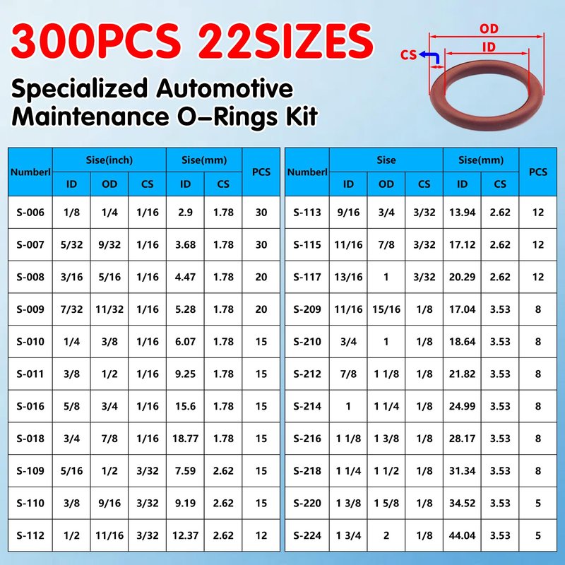 Langina 300pcs FKM Viton O-Ring Kit, 22Sizes SAE AS568 FKM O-Rings Set for Auto Fluid Systems, High Temp&Oil Resistant Viton Assortment, O Rings Repair Kit for Engine,Transmission&Brake Systems