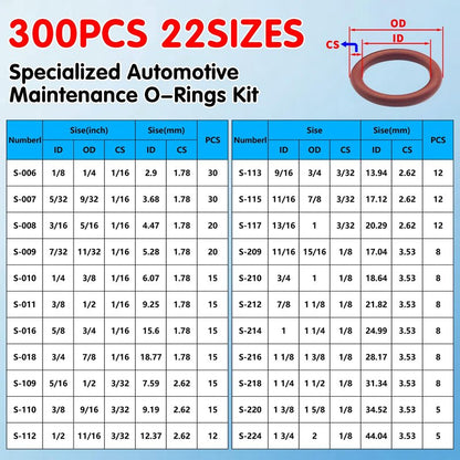 Langina 300pcs FKM Viton O-Ring Kit, 22Sizes SAE AS568 FKM O-Rings Set for Auto Fluid Systems, High Temp&Oil Resistant Viton Assortment, O Rings Repair Kit for Engine,Transmission&Brake Systems