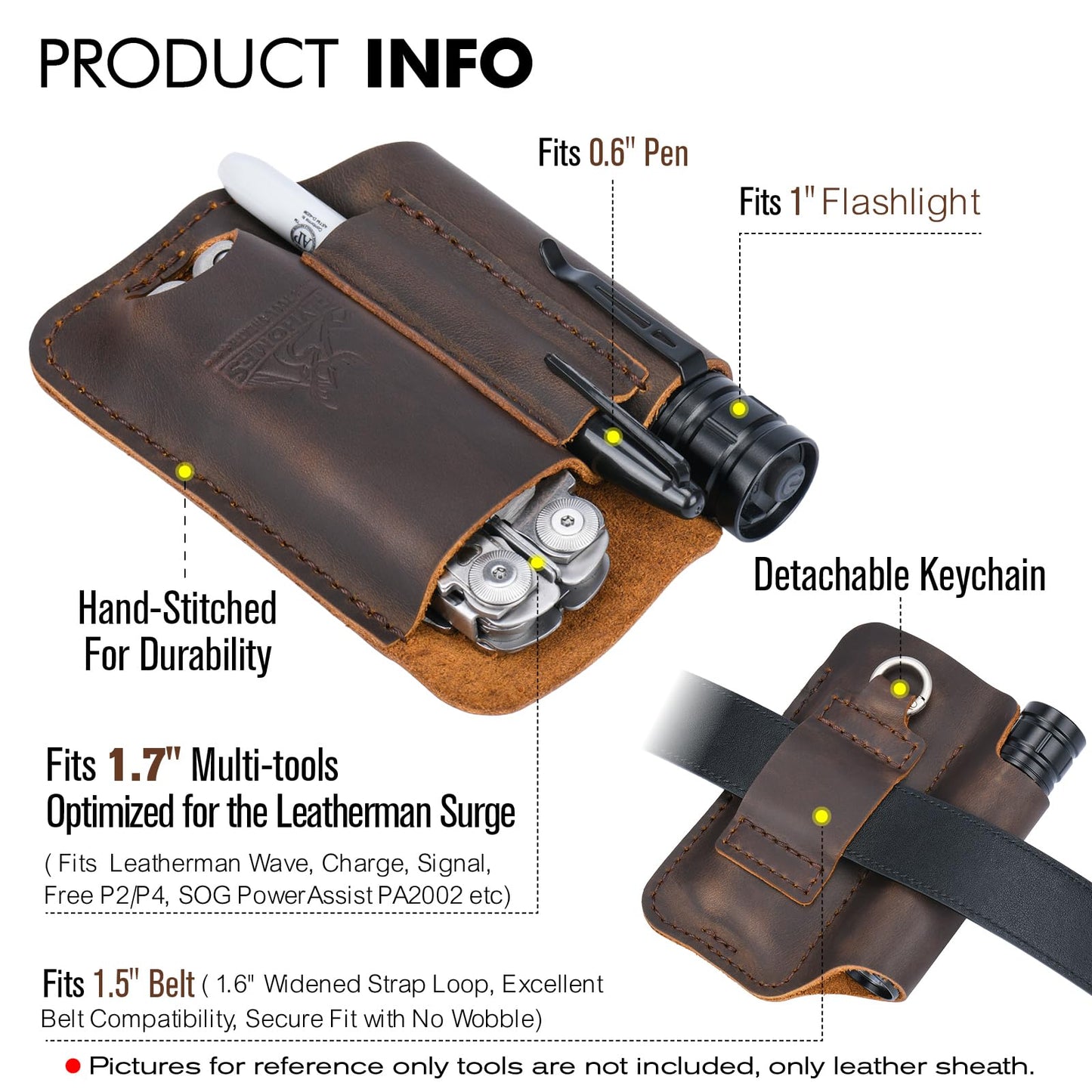 FLYHOMES Genuine Leather Multitool Sheath | Handmade Stitched EDC Belt Organizer for Leatherman Surge & Wave+ | Multi Tool Holster & Pen | Tools Pouch (Dark Brown)