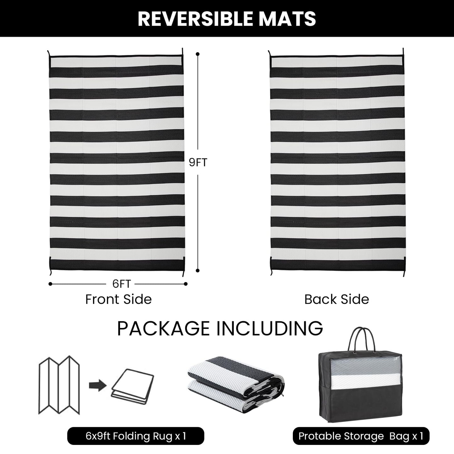Strickland Home Outdoor Rug 6 x 9 ft, Reversible Plastic Straw Rug for Patio, Waterproof Large Outdoor Carpet for RV, Patio, Camping, Backyard, Deck, Picnic, Beach, Black & White