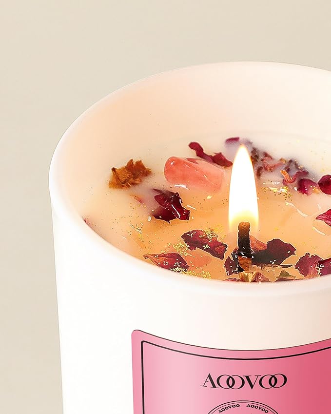 AOOVOO Rose Scented Candles for Women - Aromatherapy Candle with Crystals Inside, 10oz Soy Candles for Home Scented, Birthday Gifts Christmas Candle for Mom Women