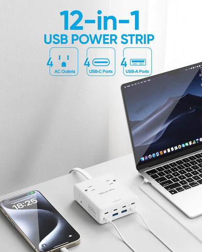 Olcorife 230W USB Power Strip with 5 FT Extension Cord, 4 AC Outlets 8 USB Ports(4 USB-C&4 USB A), 3 Sided Outlet Extender for Home Office Travel Dorm Room Essentials, White