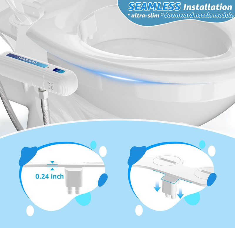 Huttdmel Ultra-Slim Bidet Attachment for Toilet, Non-Electric Dual Nozzle (Rear & Feminine Wash), Adjustable Fresh Cold Water Pressure, Stainless Steel Inlet, Easy to Install(Blue & White)