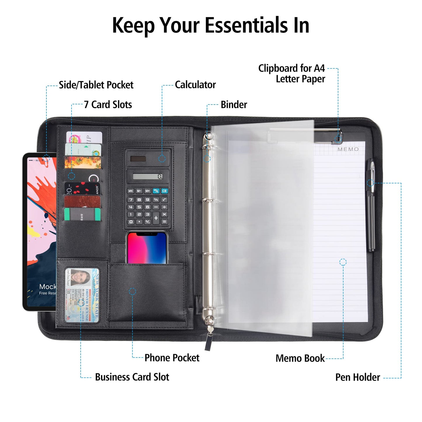 Agaritek Zipped Portfolio Binders for Men and Women - Leather Padfolio Business Planner Notebook Organizer with Zipper and Calculator- Holder for Tablet, Documents, Cards, Notebook, Notepad