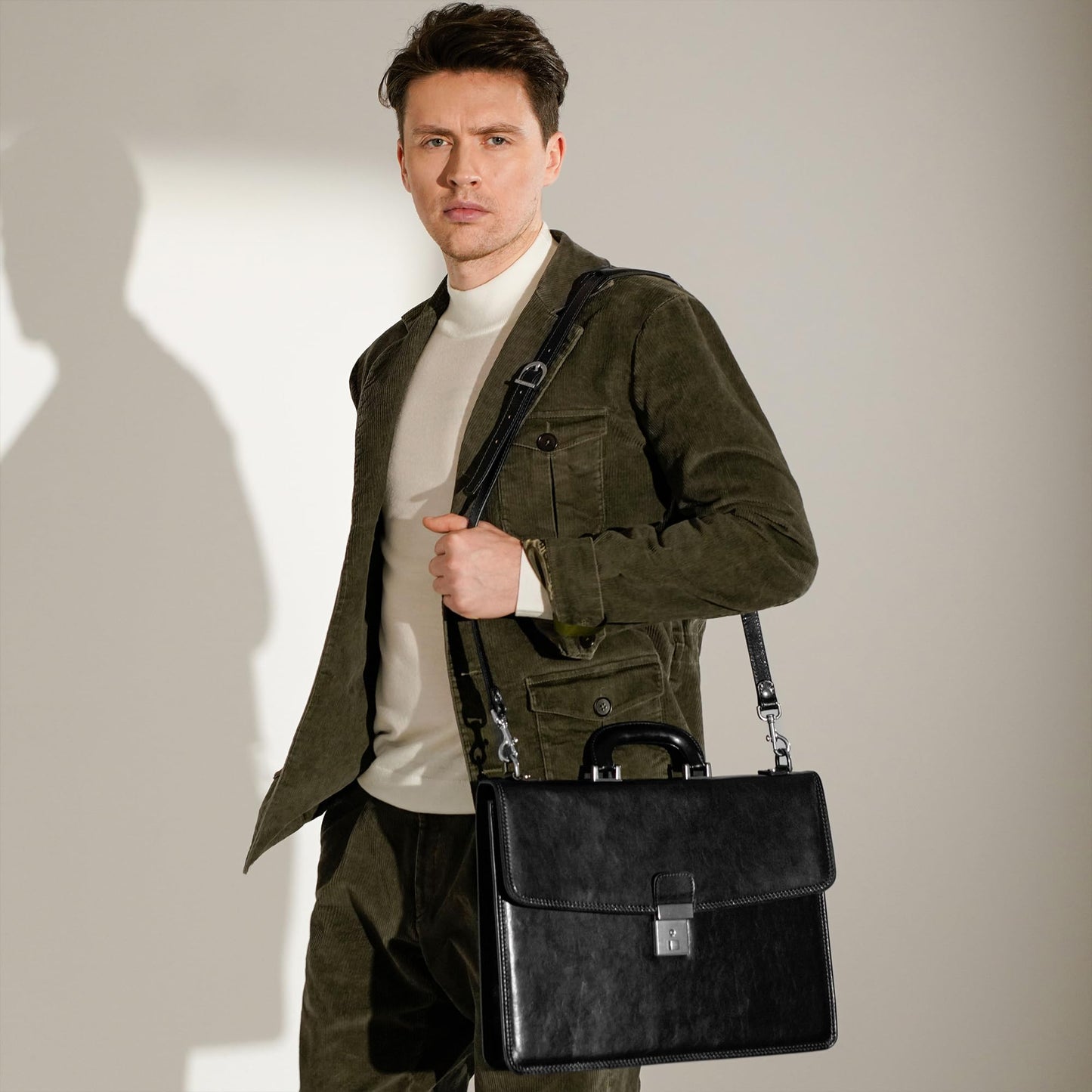 Time Resistance Leather Briefcase - Italian Handmade Leather Laptop Bag - Handbag for Men - Professional Computer Case (Black)