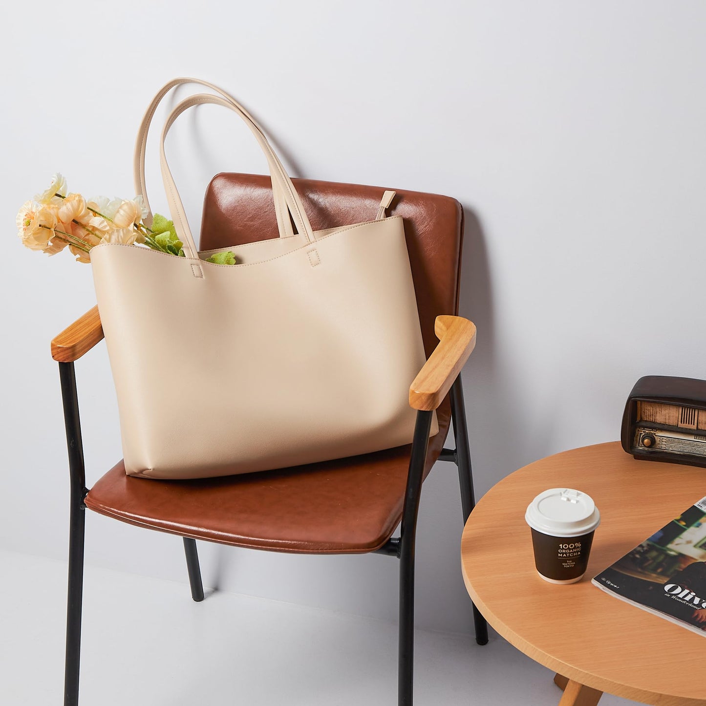 KALIDI Tote Bag Zipper Shoulder Bag Faux Leather Purses for Women Large Casual Handbag Work Dating College, Nude