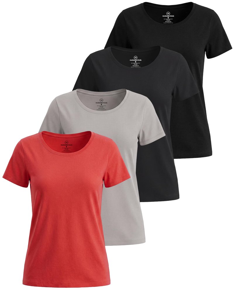 Real Essentials 4 Pack: Women's Cotton Short Sleeve T-Shirt - Casual Scoop Crew Neck Tops Tee (Available in Plus Size) - Set 6,XL