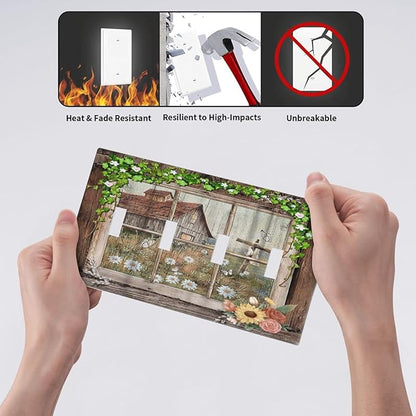 Farm Barn Farmhouse Rustic Country Flower Quad Gang Toggle Light Switch Cover 4-Gang Wall Plates Decorative Electrical Switchplate for Home Bedroom Art Decorate