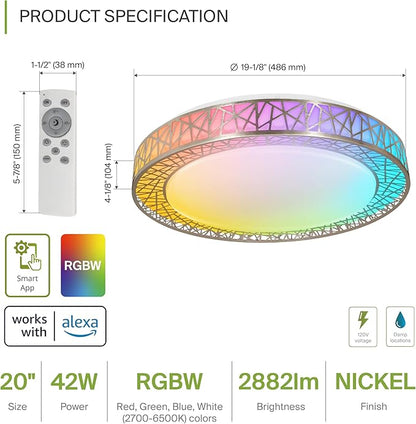 ASD 20 Inch Smart RGBW Flush Mount Ceiling Light with Remote - Brushed Nickel 42W 120V 2700-6500K Dimmable Ceiling Light Fixture, WiFi App Control RGB Lights, Alexa & Google Assistant - ETL