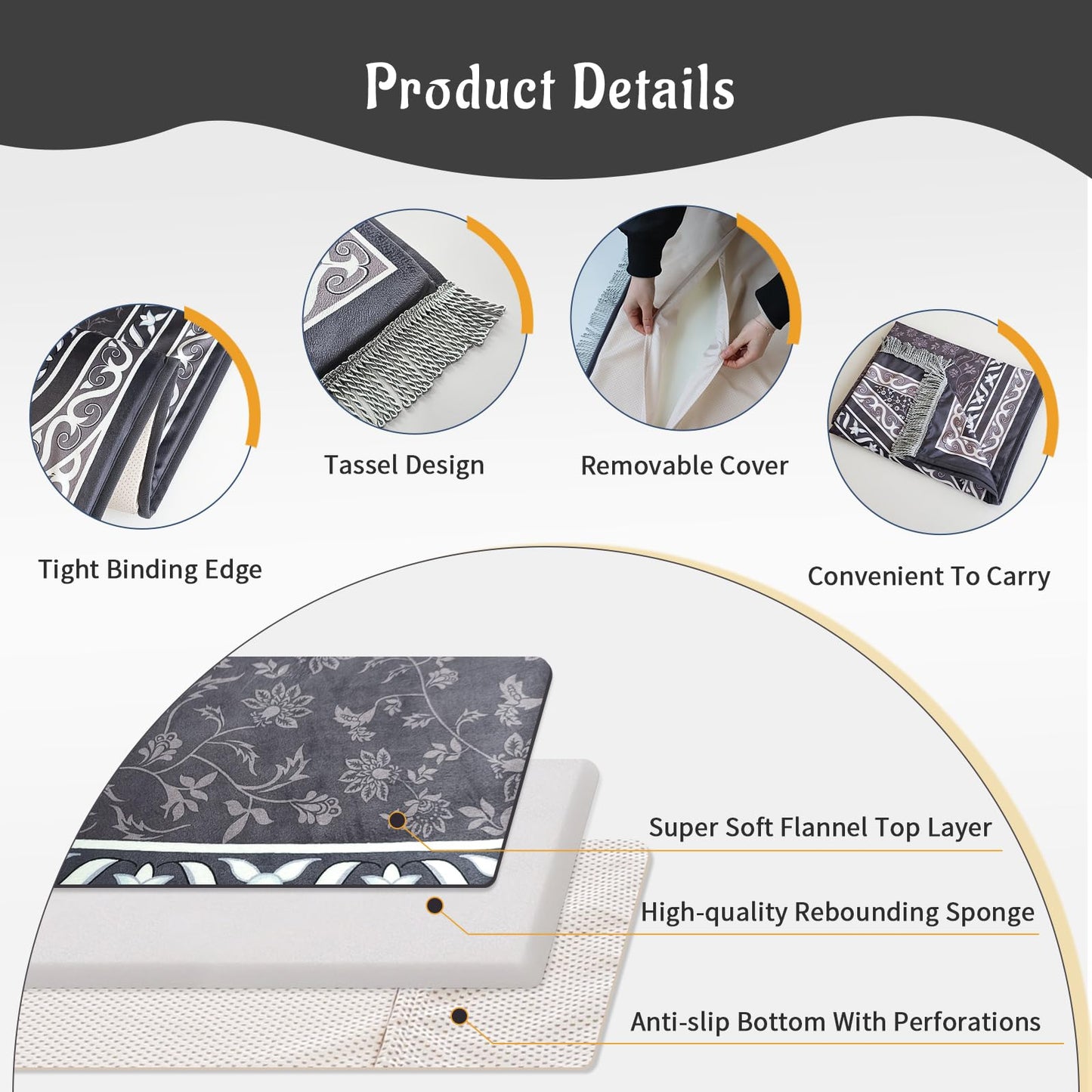 KKS KAKINNSYUU Muslim Prayer Mat, 2-in-1 Washable Prayer Rug with Removable Cover, Thick Padded Foam Janamaz Sajadah, Non Slip Islamic Prayer Mat for Men Women, Travel 31.5"x47.2"